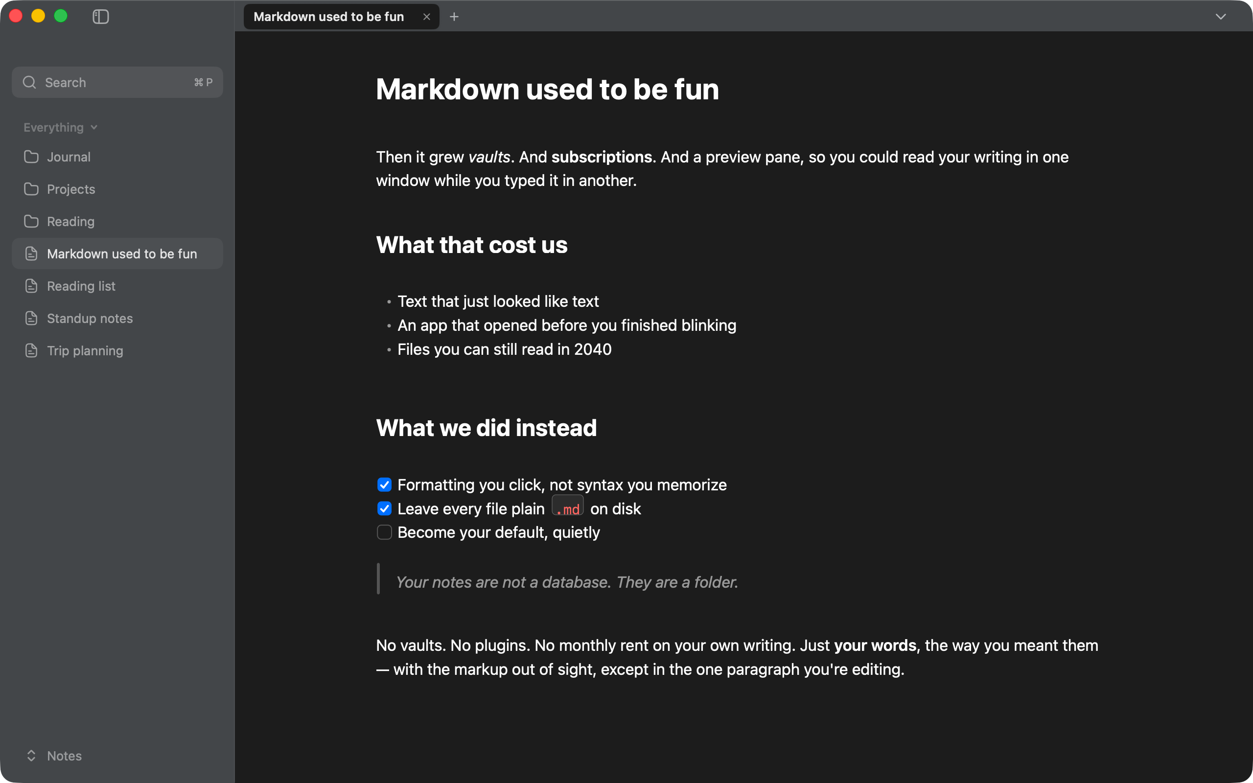 A markdown document open in Vireo. Most of it renders clean; the paragraph under the caret shows its raw markdown, dimmed.
